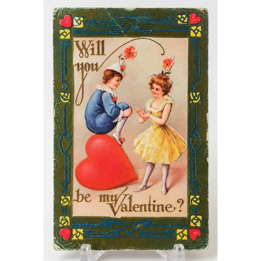 Antique 1912 Valentine Postcard Embossed Hearts Children Divided Back 5.5x3.5